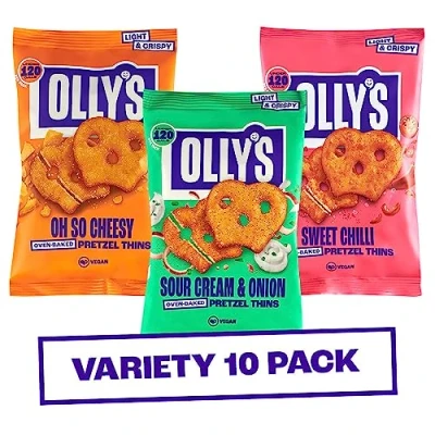 Image of Olly&#039;s Pretzel Thins, New Variety Pack, 35g (Pack of 10), x4 Sour Cream, x3 Sweet Chilli &amp; Cheesy, Low Calorie Snacks, Fat, Source Fibre, No Preservatives