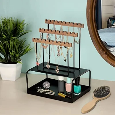 Image of BELLE VOUS 3 Tier Black Jewellery Holder Display Stand with Metal Base 30 Slots Tabletop Organiser Tray for Necklaces, Earrings, Bracelets, Rings &amp; More