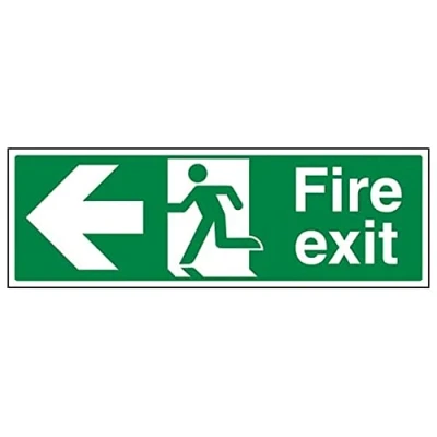 Image of V Safety Exit Arrow Left 300 X 100mm Restickable Sign, 14003AX SSW, White
