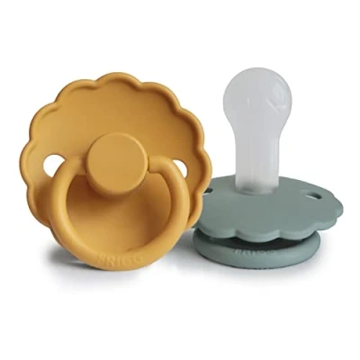 Image of FRIGG Daisy Silicone Pacifier Pack of 2 Soother Dummy BPA Free Made in Denmark Symmetrical Cherry Shaped Nipple (Honey Gold/Lily Pad, Size (6 18 Months))
