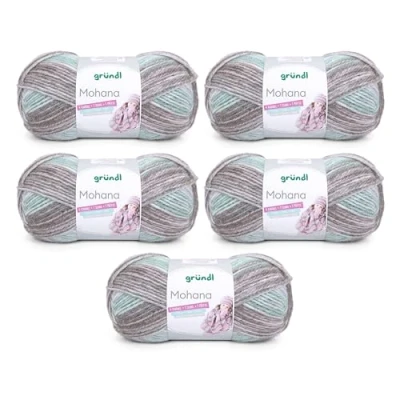 Image of Gründl Mohanna Knitting and Crochet Yarn 90% Polyacrylic, 10% Mohair, 5 x 100 g, Thick Wool, Light Grey/Mint/Natural/White