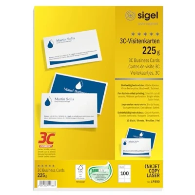 Image of SIGEL LP850, 85x55 mm (A4), Business Cards, 3C, smooth cut all around, 225 gsm, printable, bright White, 100 Piecesequal to10 sheets