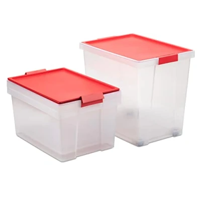 Image of TATAY Set of 3 Storage Boxes with Lid, 2 x 35L, 1 60L, Handles, Lid 100% recycled materials, BPA Free, Red. Measures 37 50,5 48,7 cm