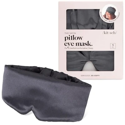 Image of Kitsch Blackout Satin Sleep Mask, Softer Than Real Mulberry Silk Eye Cover, Soft Pressure Free Shade Blindfold for Puffy Eyes with Adjustable Straps, Weighted Mask Sleeping Women Men, Charcoal