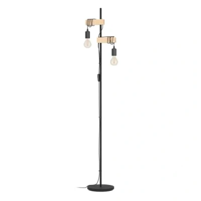Image of Eglo Floor lamp Townshend, 2 Light Vintage floorlamp, Standing with Wooden Beam, Retro Living Room Lighting Made of Black Metal and Wood in Natural Colour, FSC Certified, E27 Socket