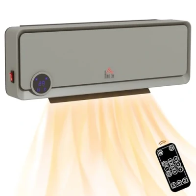 Image of HOMCOM Wall Downflow Heater 2 Heat and Fan 1000W/2000W, Electric Space with Timer Remote Oscillating, for Bedroom Home Office, Grey