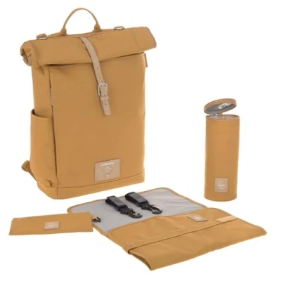 Image of LÄSSIG Baby changing Backpack with mat, pram attachment, bottle warmer water repellent sustainably produced/Rolltop curry