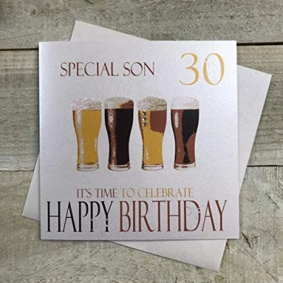 Image of WHITE COTTON CARDS Beers Special Son 30 It&#039;s Time to Celebrate Happy Handmade 30th Birthday Card, NBS30