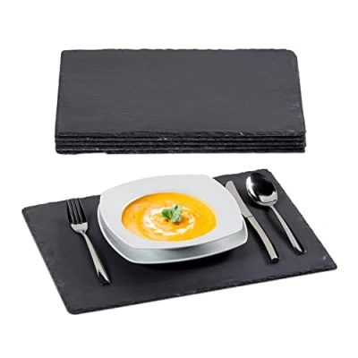 Image of Relaxdays Slate Tile Set of 6, Large Serving Plates Made Slate, for &amp; Write On, 30x40cm, Anthracite