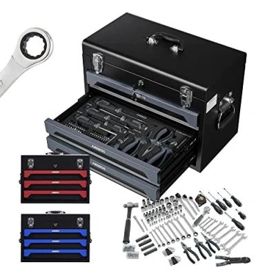 Image of Arebos Tool Box Including 172 Piece Set Chrome Vanadium Socket Spanner Hand Tools for Home, Garage &amp; Workshop Equipped with 3 Drawers Lockable Anthracite/Black