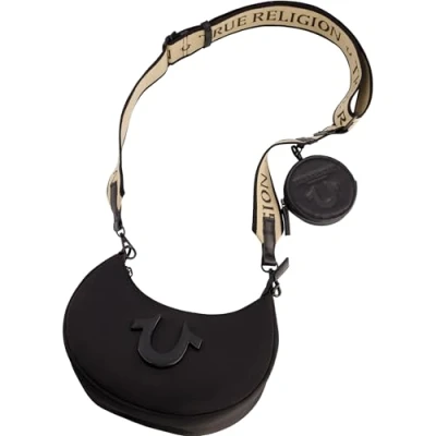 Image of True Religion Women&#039;s Shoulder Bag, Mini Crescent Hobo Handbag with Adjustable Crossbody Strap and Coin Purse, Black