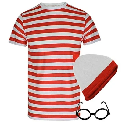 Image of TrendyFashion Mens Red &amp; White Striped Style T Shirt Hat Glasses Fancy Dress Womens Ladies Book Week Costume (T Shirt+Hat+Glasses Small)