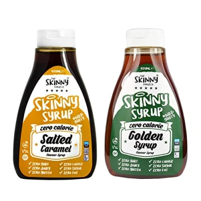 Image of The Skinny Food Co. Syrup Twin Pack SW Salted Caramel &amp; Golden Dessert Topping Sugar Free Zero Calories Guilt Sauce, Bottle 425ml