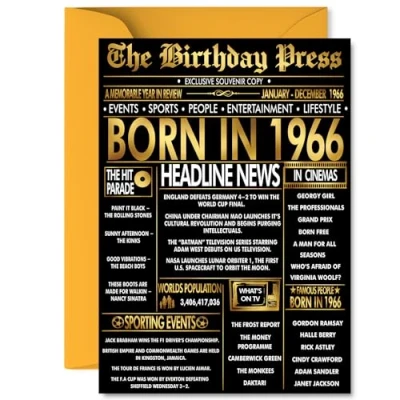 Image of Gold 59th Birthday Card for Men Women Black &amp; Golden Newspaper Born in 1966 Happy 59 Cards Colleague Grandma Auntie Daughter Sister Neighbour, A5 Bday Greeting