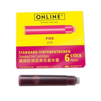 Image of ONLINE standard ink cartridges, universal fountain pen ink, compatible with all common pens, replacement cartridges for pens and rollerballs, 6 pieces, colour pink