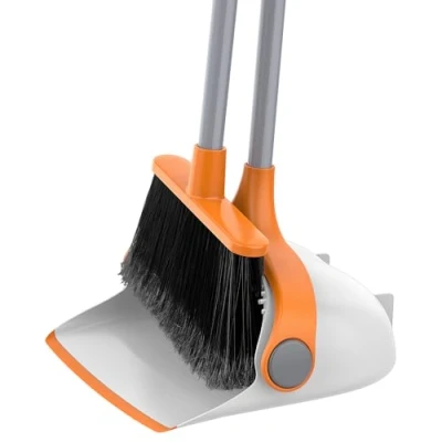 Image of MR.SIGA Long Handled Dustpan and Brush Set, Upright Broom Set with Adjustable Handle, Tall Sweeping Comb Teeth for Floor Cleaning, Indoor, Outdoor, Home, Lobby,White &amp; Orange