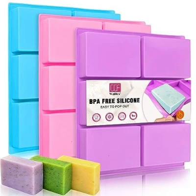 Image of Walfos Silicone Soap Molds Set of 3, 6 Cavities Rectangle for Homemade Craft Mold, Cake Chocolate Mold ＆ Ice Cube Tray（Blue &amp; Purple Pink）