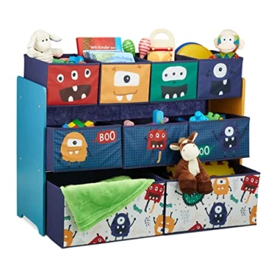 Image of Relaxdays Children&#039;s Shelf with 9 Fabric Boxes, Monster Design, 70 x 92.5 30 cm, Toy Storage for Kids&#039; Room, Colourful, Fleece