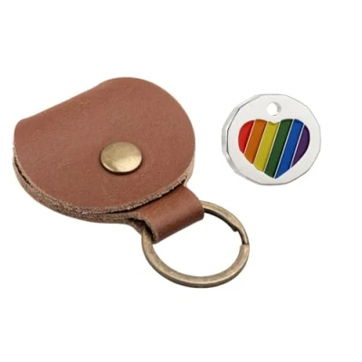 Image of Genuine Tan Leather Pound Pouch with a Trolley Token of your selection Fob Keyring Keychain Key Ring Holder (Rainbow Heart)