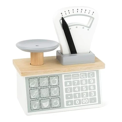 Image of Small Foot 11201 Wooden Scale with weighing pan and movable pointer, teaches numbers weights, for play stores