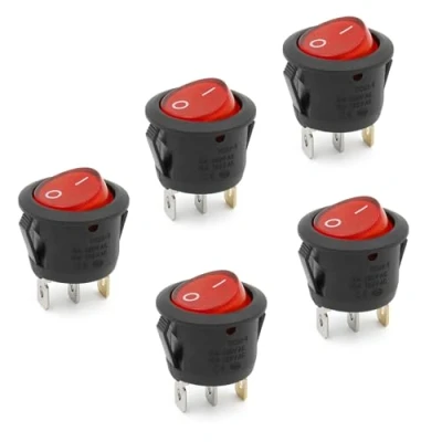 Image of Heschen Round Rocker Switch ON OFF SPST 3 Terminals 24V Red light 6A 250VAC 5Pack