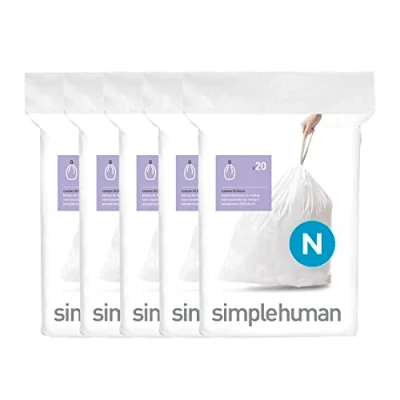 Image of simplehuman Code N 100 Liners, 50% Recycled Custom Fit Bin Bags in Dispenser Packs with Durable Drawstring Tie Handle, 45 50L, White