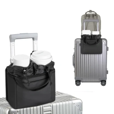 Image of Luggage Cup Holder for Suitcases Liberate Hand Portable Foldable Drink Carrier Fits Suitcase Handle Universal Accessories Flight Attendants, Business Travelers (Black)