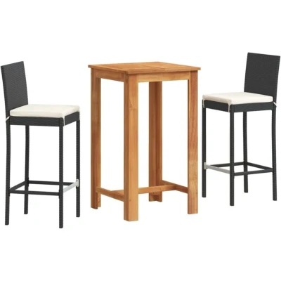 Image of vidaXL 3 Piece Garden Bar Set Black Solid Wood Acacia and Poly Rattan