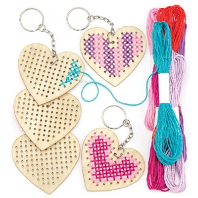 Image of Baker Ross AR126 Wooden Heart Cross Stitch Keyring Pack Of 5, Kits For Beginners, Embroidery Set With Thread Kids,7cm