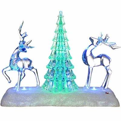 Image of WeRChristmas Pre Lit Colour Changing LED Musical Christmas Tree and Reindeer Scene Decoration, Acrylic, 24 cm Multi