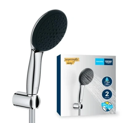 Image of GROHE Vitalio Start 110 QuickFix Shower Set (Round 11 cm Hand 2 Sprays: Rain and Jet, Hose 1.75m, Wall Holder, Water Saving, Easy to Fit with QuickGlue), Matt Black, 279502431
