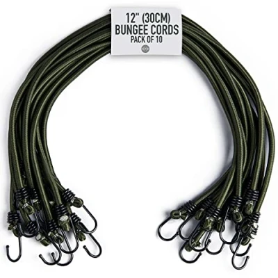 Image of Pluvios 12&quot; (30CM) Heavy Duty Bungee Cords with Hooks 10 Pack Choice of Sizes Multi Purpose Elastic Straps for Luggage Straps, Camping Weatherproof &amp; UV Resistant