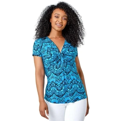 Image of Roman Womens Petite Aztec Knot Detail V Neck Stretch Top Blue Size 10 UK