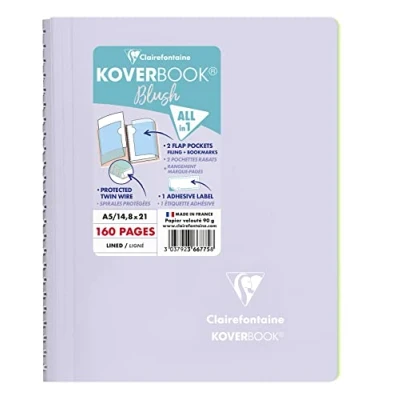 Image of Clairefontaine Ref 366775C Koverbook Blush Wirebound Notebook (80 Sheets) A5 Size, Lined Ruling, 90gsm Brushed Vellum Paper, Pastel Polypro Cover Lilac