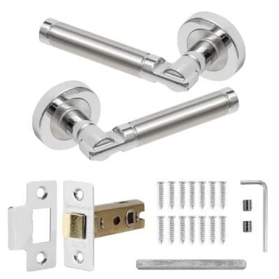 Image of Decoranddecor Enigma Satin Chrome Round Internal Door Handles Lever On 54mm Rose Aluminium (Latch Kit)