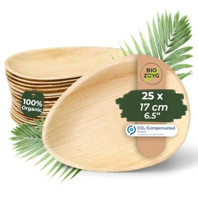 Image of BIOZOYG 25x Palm Leaf Plates 17 cm Disposable Tableware Plates, Droplet Shaped &amp; Compostable Sustainable Party