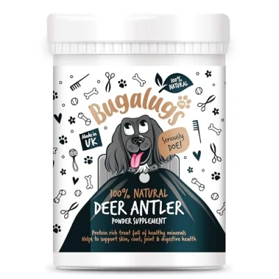 Image of Bugalugs Deer antlers Supplement dog food toppers Powder for Dogs &amp; puppy, high in protein food, fibre, vitamins minerals. 100% Natural reindeer supplements use with licky mat (200g)