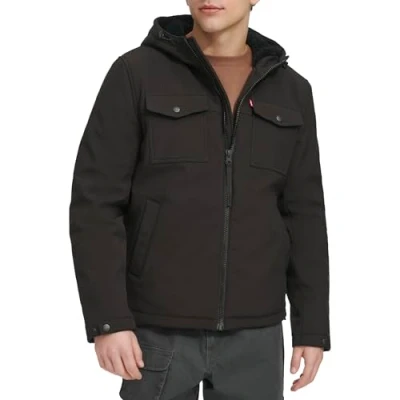 Image of Levi&#039;s Men&#039;s Soft Shell Hooded Storm Coat (Regular &amp; Big Tall Sizes) Insulated Jacket, Black Sherpa, S