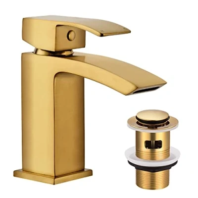 Image of Peppermint Basin Taps Mixers with Slotted Pop up Waste Waterfall Brushed Gold Bathroom Sink Mixer Tap Mono Square Cloakroom Monobloc Brass G1/2’’ Hoses Single Lever Click Clack Plug