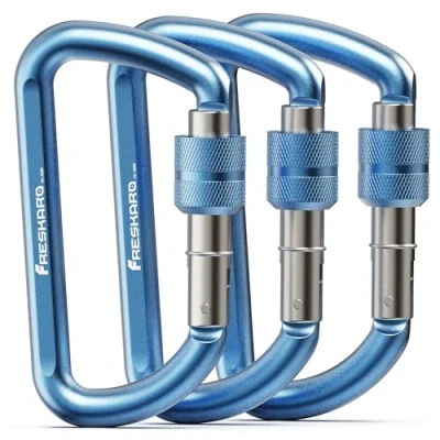 Image of FresKaro Carabiner Clip Heavy Duty, Strong 12kN Screw gate Aluminum Carabina, Locking Karabiner Hooks, 3 Inch, Lightweight, Lockable for Dog Lead, Hammocks, Swing, Camping, Key, D Shaped, 3Pack Blue
