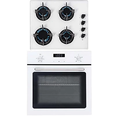 Image of SIA 60cm White Single Electric True Fan Kitchen Oven &amp; 4 Burner Gas On Glass Hob