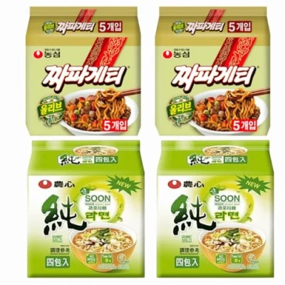 Image of Nong Shim SHIN Ramyun Soon Veggie &amp; Chapagetti Chajangmyun Jjajang Korean Ramen Noodles Mix Bundle (Pack of 20) HALAL