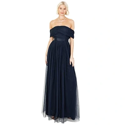 Image of Womens Ladies Maxi Dress Bardot Off Shoulder with Belt Long Empire Waist for Wedding Guest Prom Evening Gown Bridesmaid Navy Blue Size 10