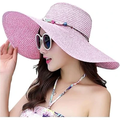 Image of BABAHU Women Foldable Floppy Wide Brim Straw Sun Hat Summer Beach UV UPF 50+, 01 Style Pink