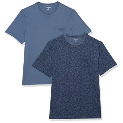 Image of Amazon Essentials Men&#039;s T Shirt Regular Fit Short Sleeve Crewneck Pocket, Pack of 2, Floral Print/Washed Blue, XS