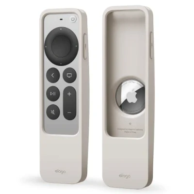 Image of elago R5 Locator Case Compatible with Apple TV 4K Siri Remote 3rd (2022) &amp; 2nd Generation and AirTag Lanyard Included, Drop Protection, Full Access to All Functions (Stone)