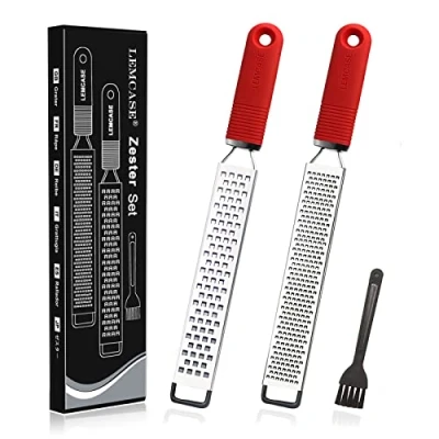 Image of LEMCASE Lemon Zester and Cheese Grater Citrus, Parmesan, Chocolate, Nutmeg, Garlic, Ginger Silicone Handle Stainless Steel Blades with Protective Cover Red (2 Piece Set)