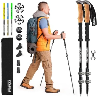 Image of Foxelli Trekking Poles 2 pc Pack Collapsible Lightweight Hiking Poles, Strong Aircraft Aluminum Adjustable Walking Sticks with Natural Cork Grips and 4 Season All Terrain Accessories