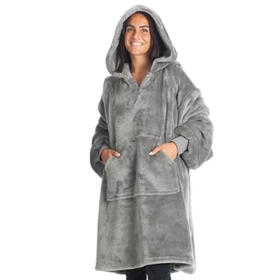Image of Kanguru Fluffi Loft Hoodie Fleece Throw Blanket Sweatshirt Kangurone Fluffy Flannel Oversized Wearable with fur effect, Grey, for Adults Men Women Teenagers size 95x95cm (1305)