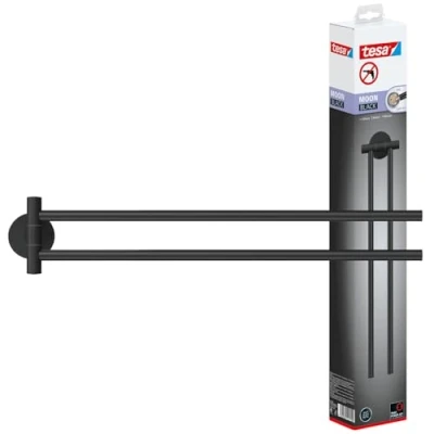 Image of tesa MOON BLACK Towel Holder 2 arm, matt black, for bathroom and WC bathrooms in industrial modern style drill free, incl. adhesive solution 84 mm x 50 456